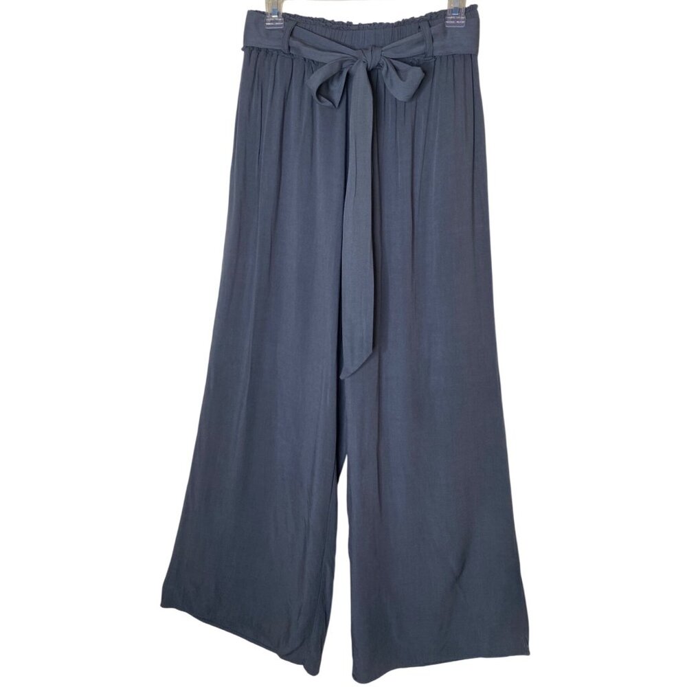 Illa Illa Wide Leg Pull-On Pants Tie Belt Elastic Waist Gray Rayon Flowy Size L